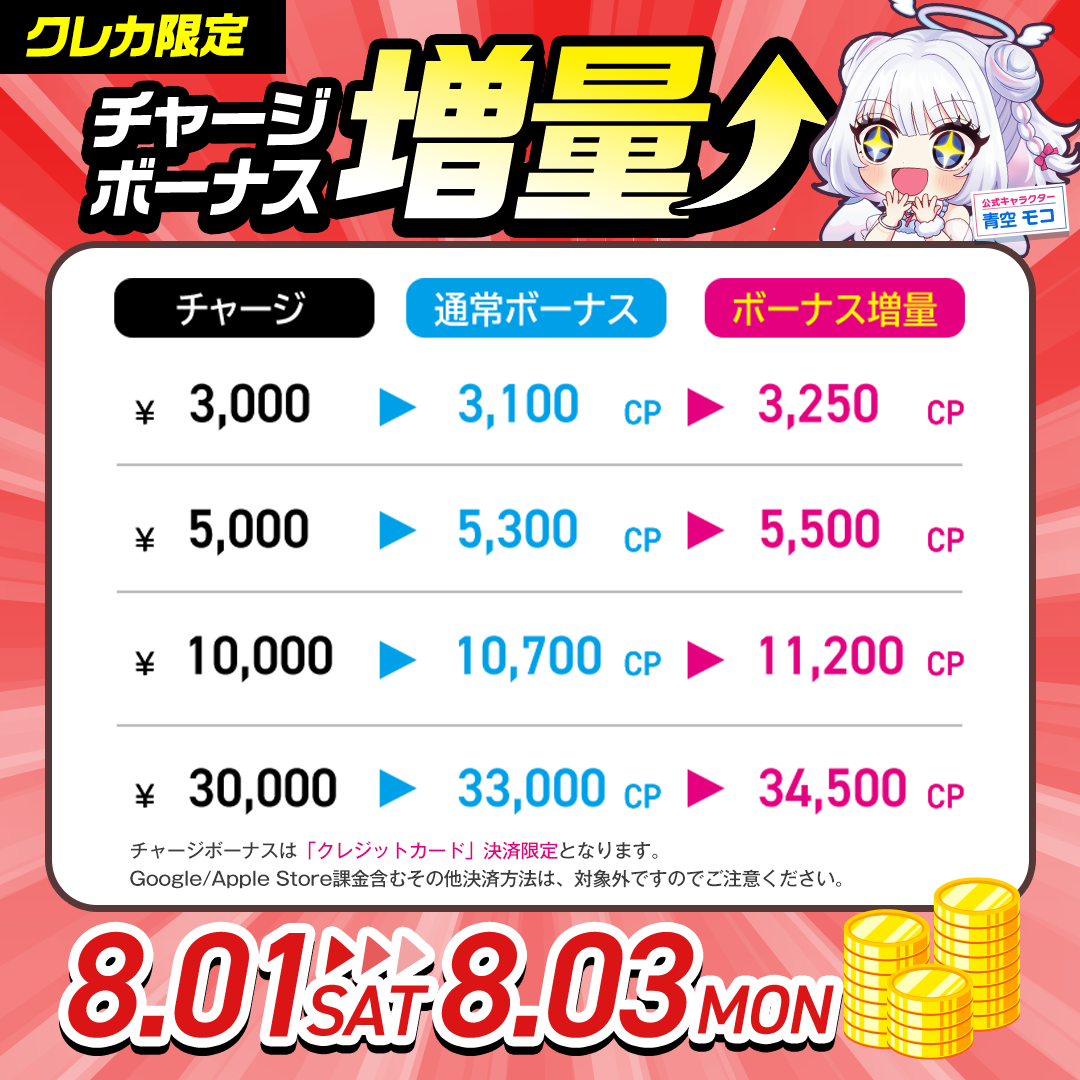 チャージボーナス増量メニュー